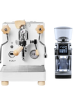 A white Lelit espresso machine with light wood accents shown next to a matching white and black coffee grinder on a solid white background.