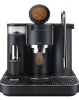 Black espresso machine with a digital display on a white background