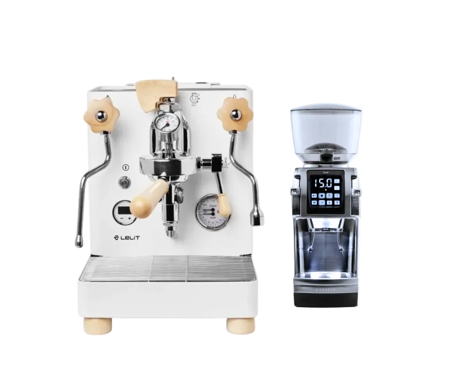 A white Lelit espresso machine with light wood accents shown next to a matching white and black coffee grinder on a solid white background.