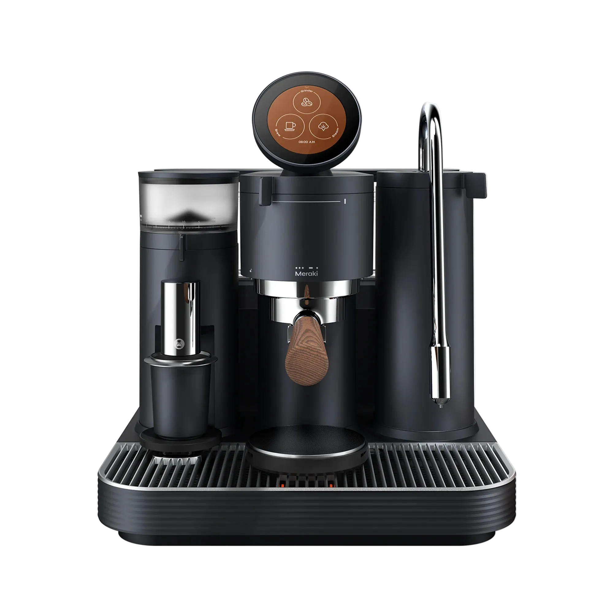 Black espresso machine with a digital display on a white background