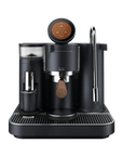 Black espresso machine with a digital display on a white background