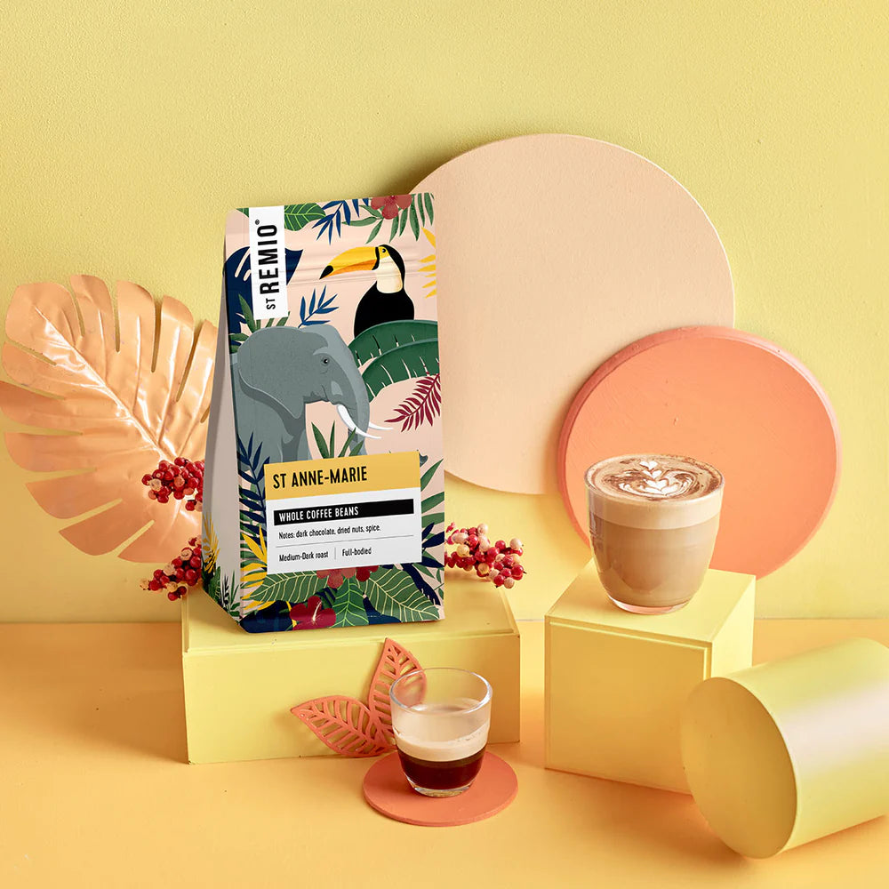 St Remio St Anne-Marie coffee  italian Coffee package with a tropical design on a yellow background