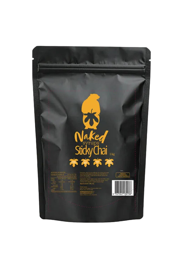 Black packaging of Naked Sticky Chai with a logo on a white background