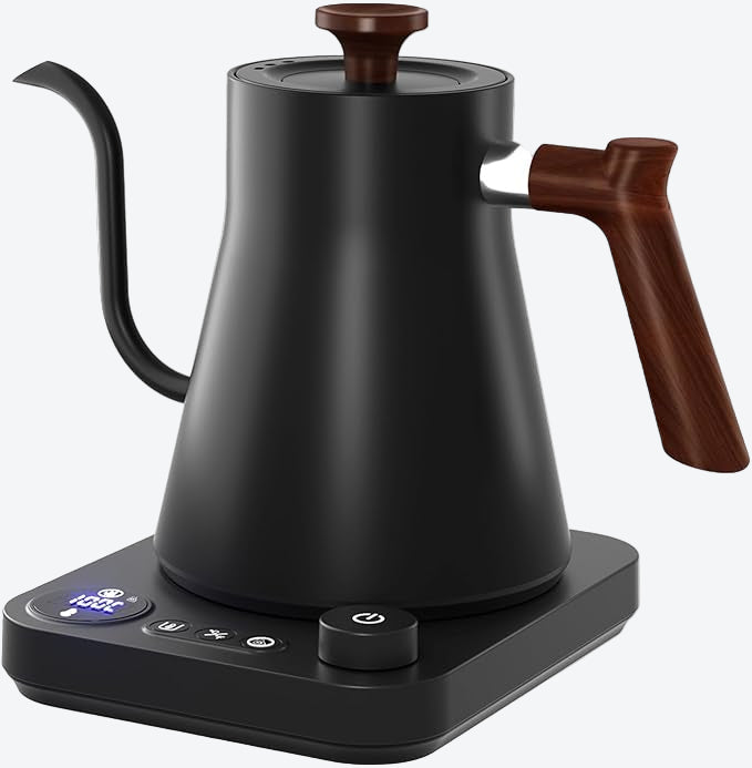 Black electric kettle with wooden handle on a white background