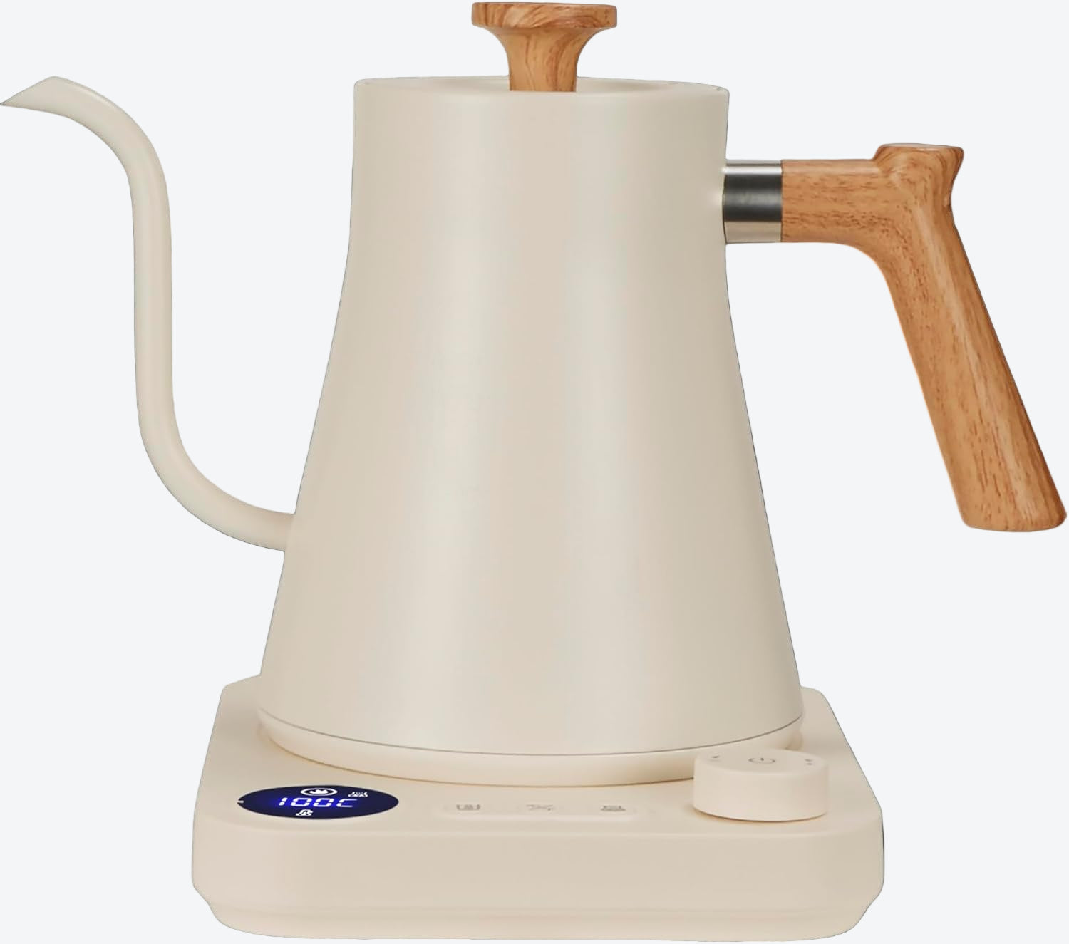 White electric kettle with wooden handle and spout on a white background
