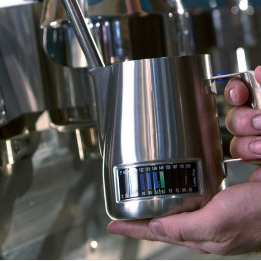 Latte Pro Milk Jug - Stainless Steel 1L in use milk coffee